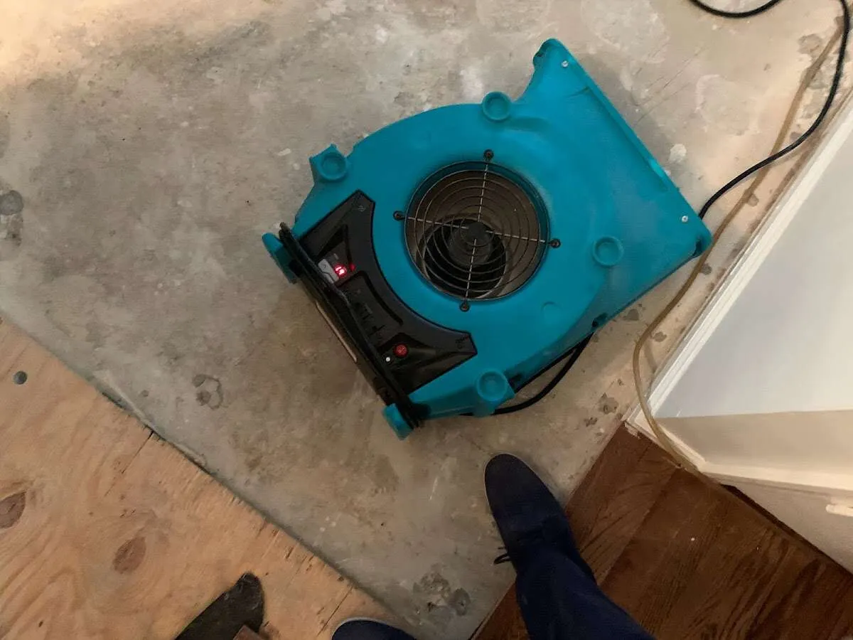 Air mover drying subfloor during Leak Detection & Repair in Knoxville